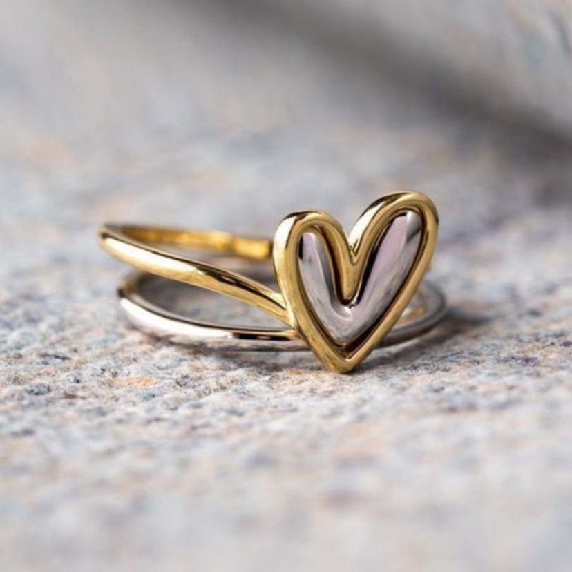 Vintage Metallic Style Two Tone Heart Rings