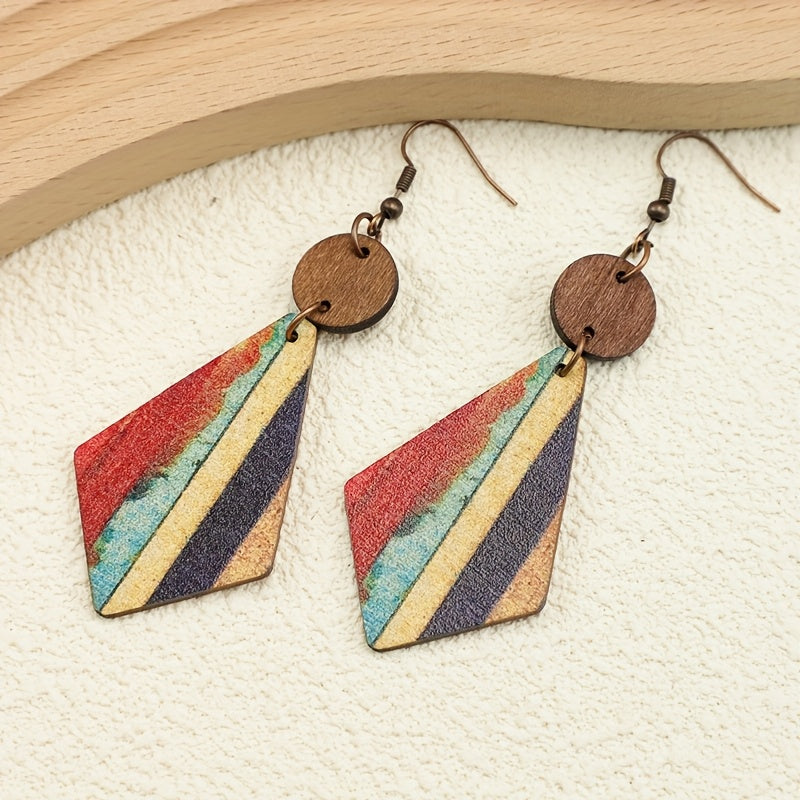 Bohemien stijl gestreepte houten inleg oorhangers