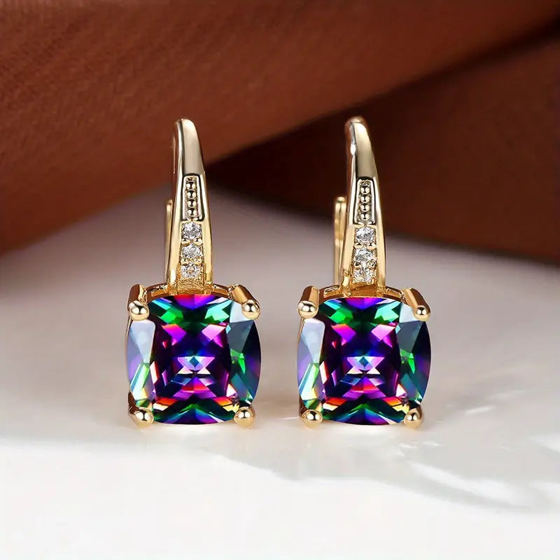 Mystic Sapphire Stone Hoop Gold Earrings