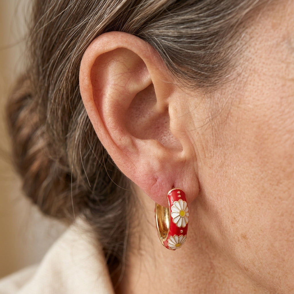 Red Flower Gold Hoop Earrings