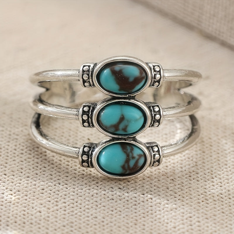 Vintage Boho Style Triple Turquoise Silver Ring