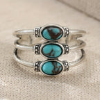 Vintage Boho Style Triple Turquoise Silver Ring