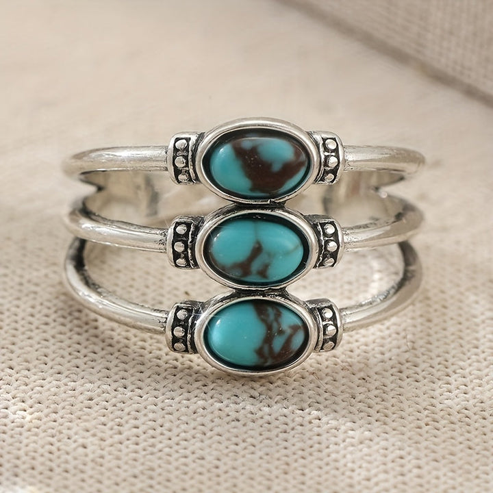 Vintage Boho Style Triple Turquoise Silver Ring