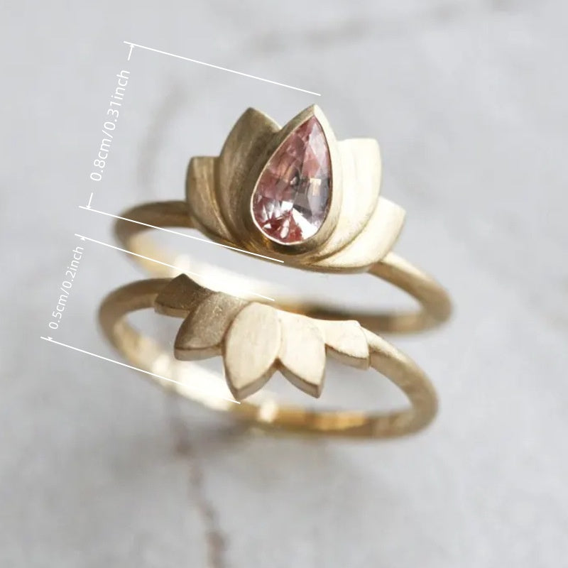 Elegante vintage lotusbloem ringenset met roze zirkonia inleg