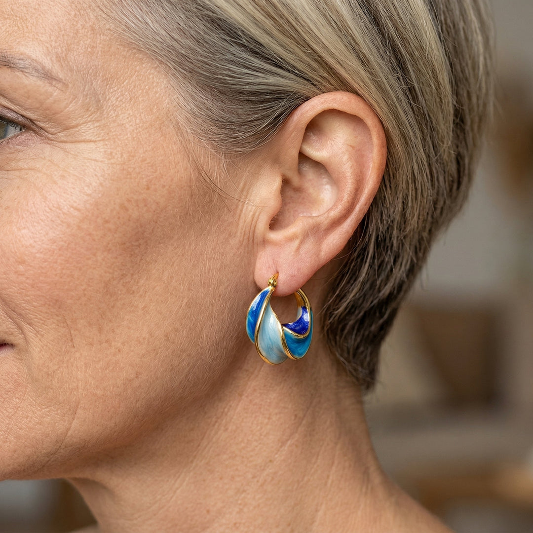 Blue Enamel Spiral Swirl Drop Earrings