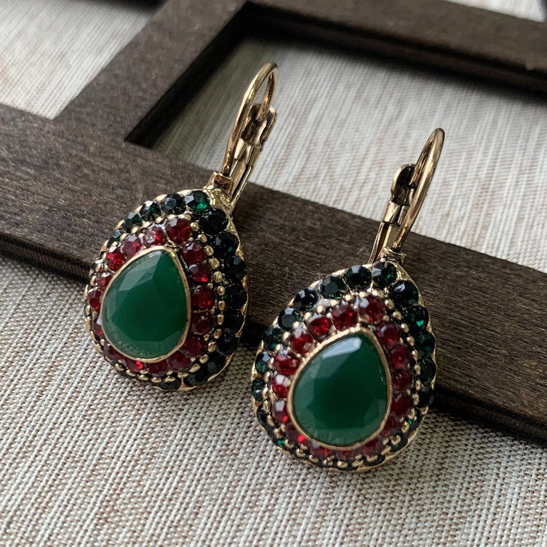 Vintage Turquoise Rhinestone Teardrop Resin Earrings