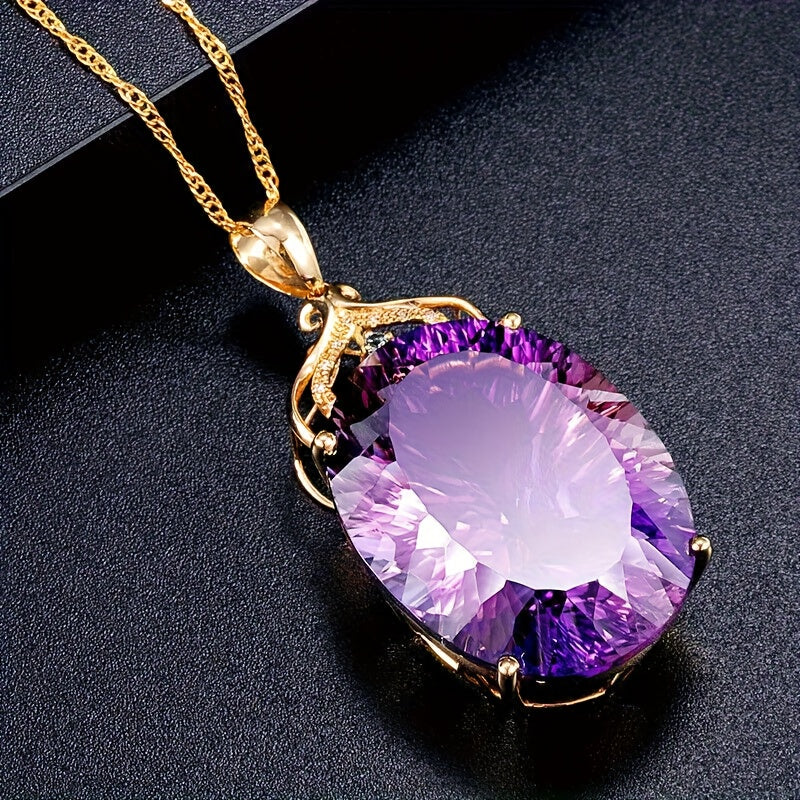 Elegante ketting met ovale hanger ingelegd met paarse synthetische zirkonia