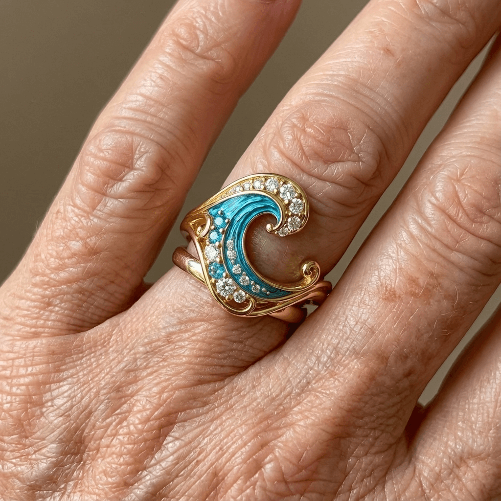 Oceaangolf goudkleurige ring met blauwe kristalaccenten