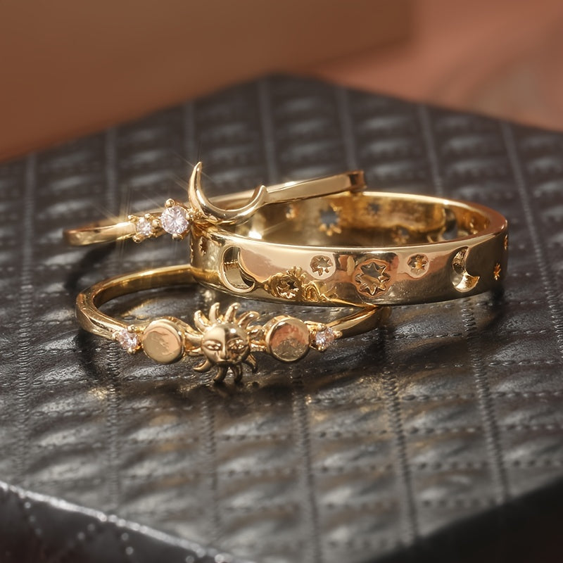 Vintage stapelbare ringenset met halvemaan en ingelegde zirkonia