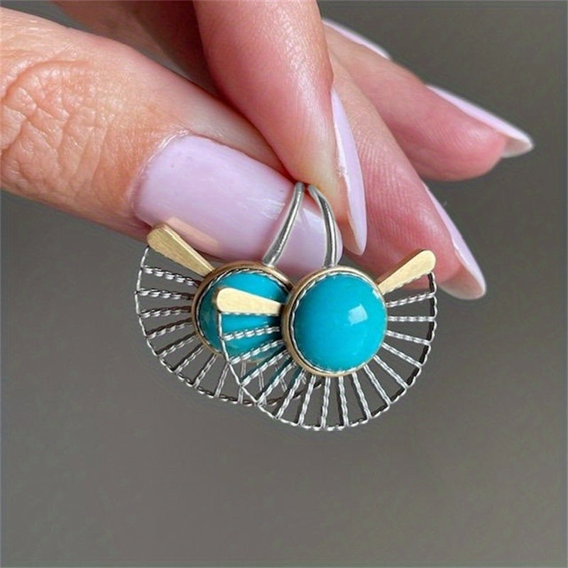 Bohemian Turquoise Gold Plated Fan Shape Hollow Hook Earrings