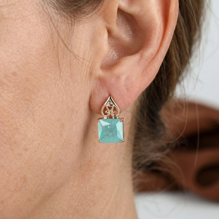 Gold Green Zirconia Square Cut Drop Earrings