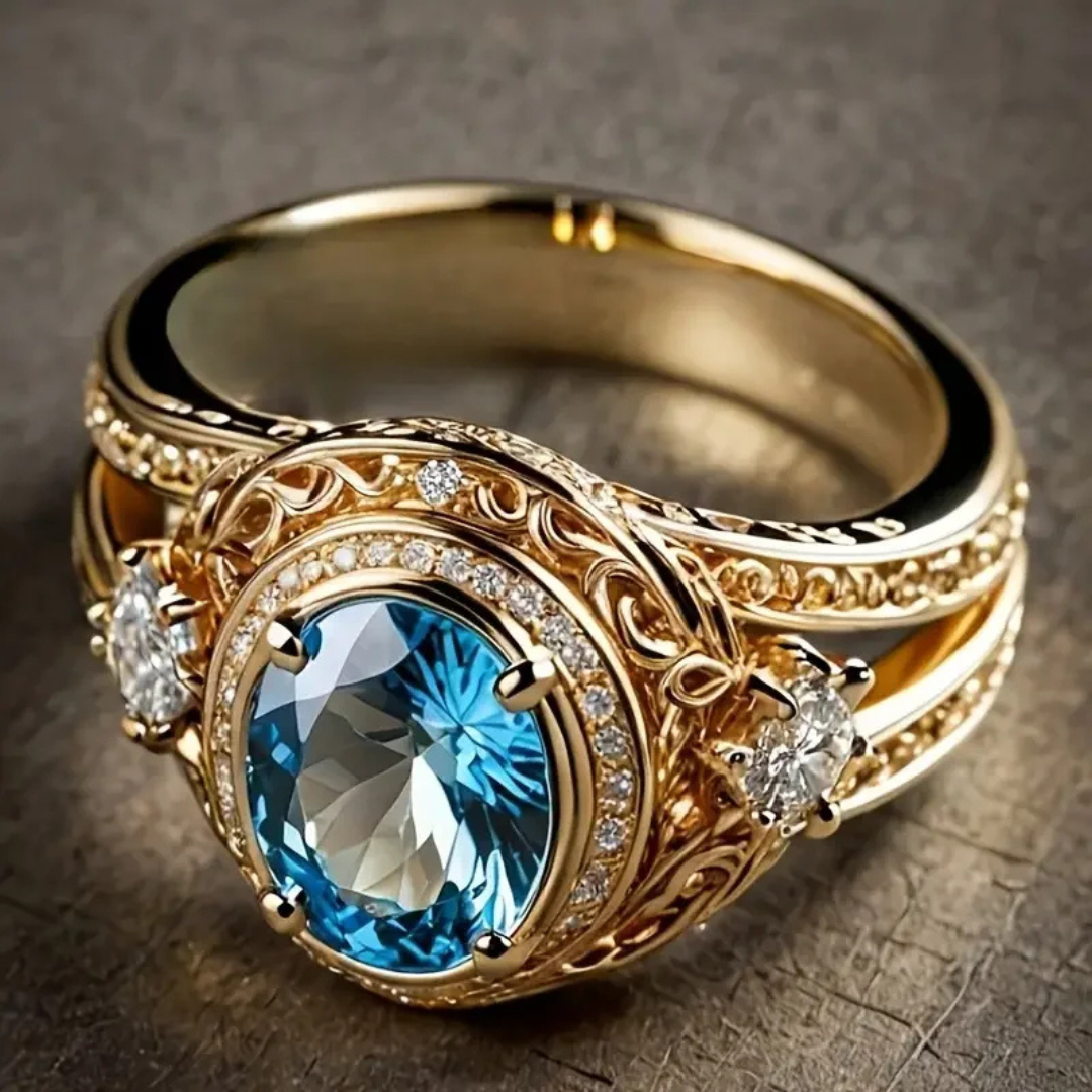 Elegante vergulde ring met blauwe zirkonia kristallen