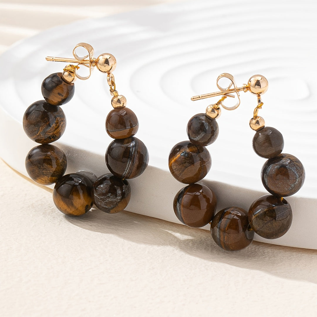 Boho Natural Stone Beaded Gold Plated Hoop Earrings