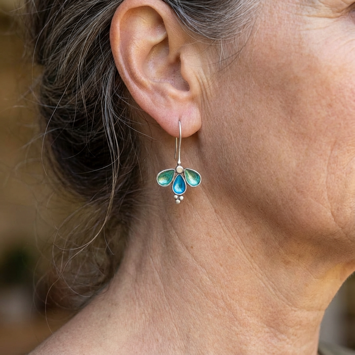 Vintage Blue Enamel Floral Silver Plated Artisan Earrings