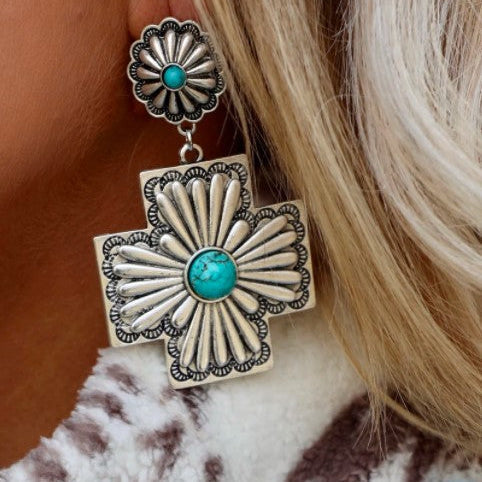 Retro Floral Design Turquoise Cross Carved Metal Earrings