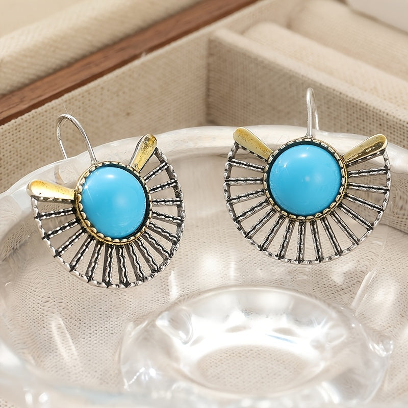 Bohemian Turquoise Gold Plated Fan Shape Hollow Hook Earrings