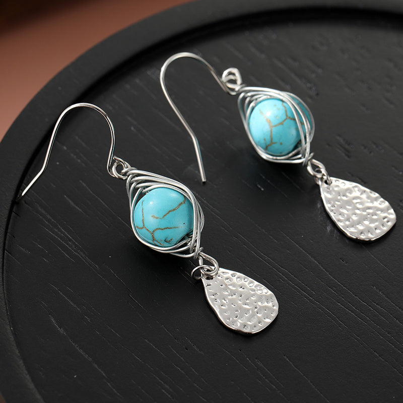 Elegant Retro Wire-Wrapped Turquoise Metal Pendant Earrings