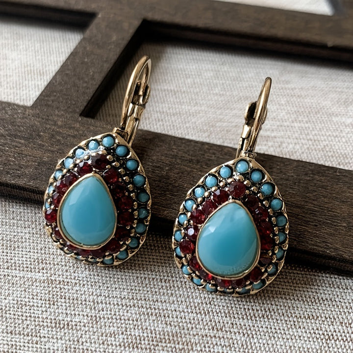 Vintage Turquoise Rhinestone Teardrop Resin Earrings