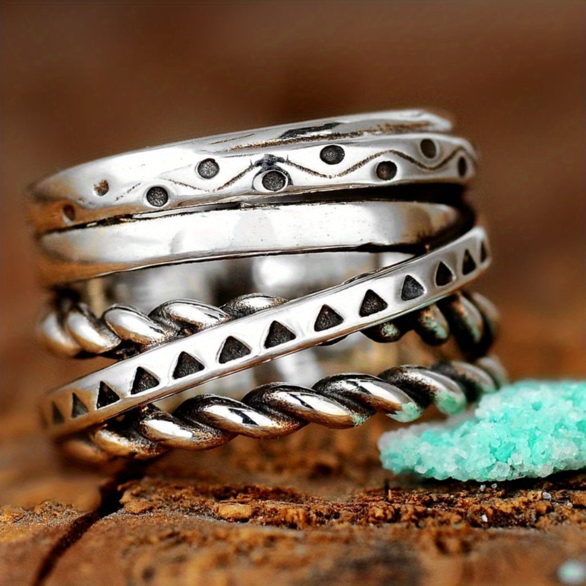 Vintage verzilverde ring met gelaagd lijnpatroon