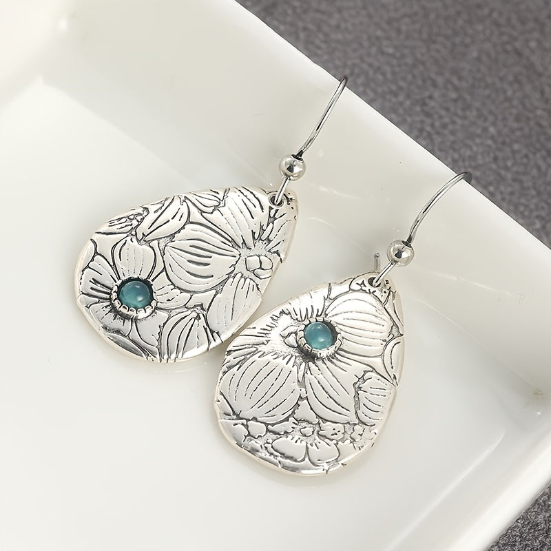 Retro Carved Flowers Drop Shape Turquoise Gemstone Hook Earrings