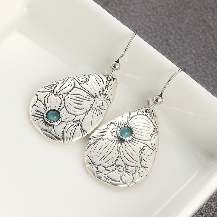 Retro Carved Flowers Drop Shape Turquoise Gemstone Hook Earrings
