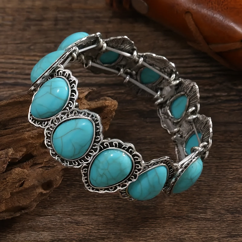 Vintage verzilverde statement armband met ovale turkoois