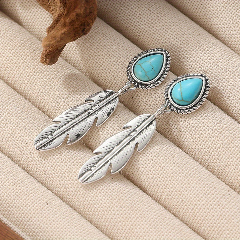 Retro tribale turkooizen veer oorhangers