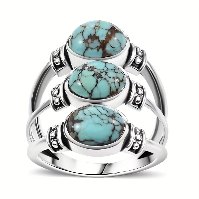 Vintage Boho Style Triple Turquoise Silver Ring