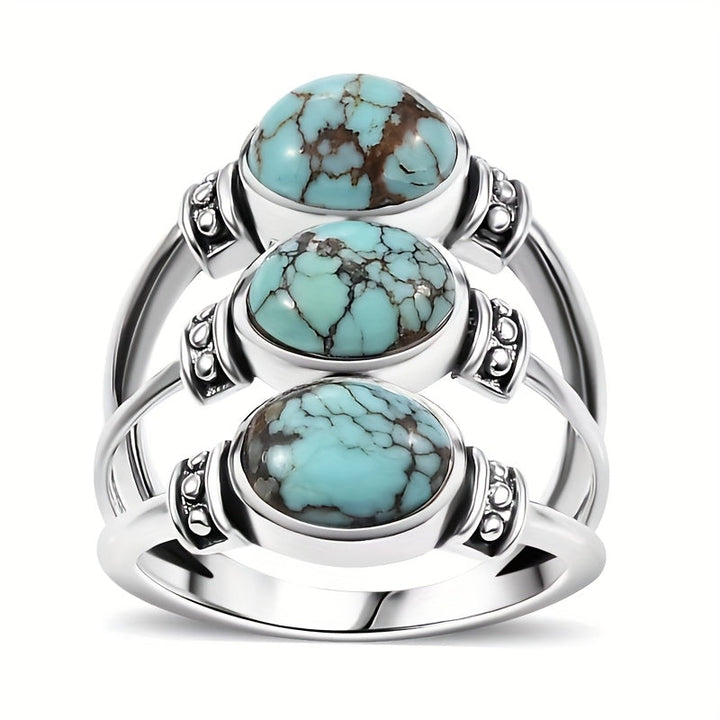Vintage Boho Style Triple Turquoise Silver Ring
