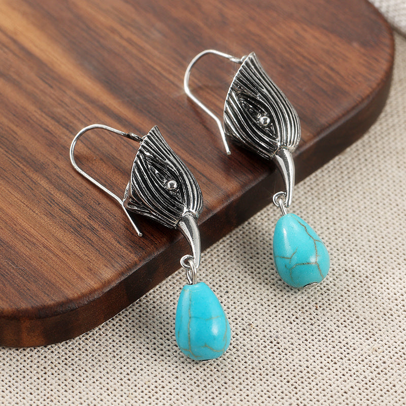 Vintage Silver Tone Geometric Irregular Shape Turquoise Drop Earrings