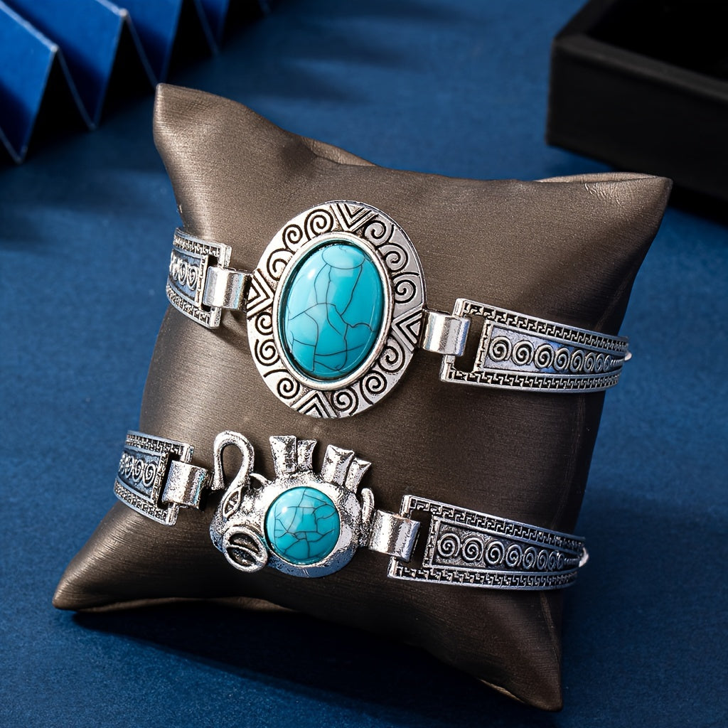Vintage zilverkleurige armband met turkooizen accent