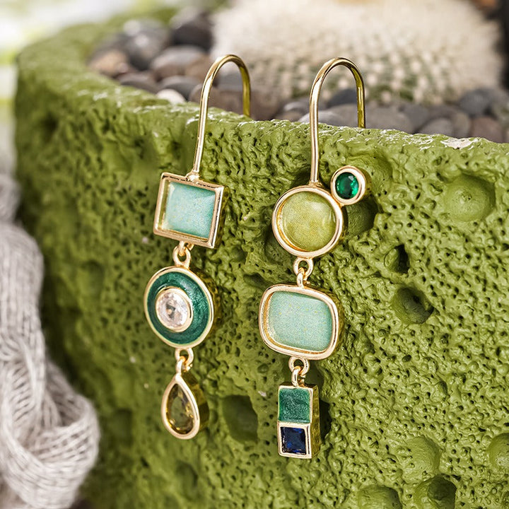 Vintage Geometric Green Stone Gold Drop Earrings