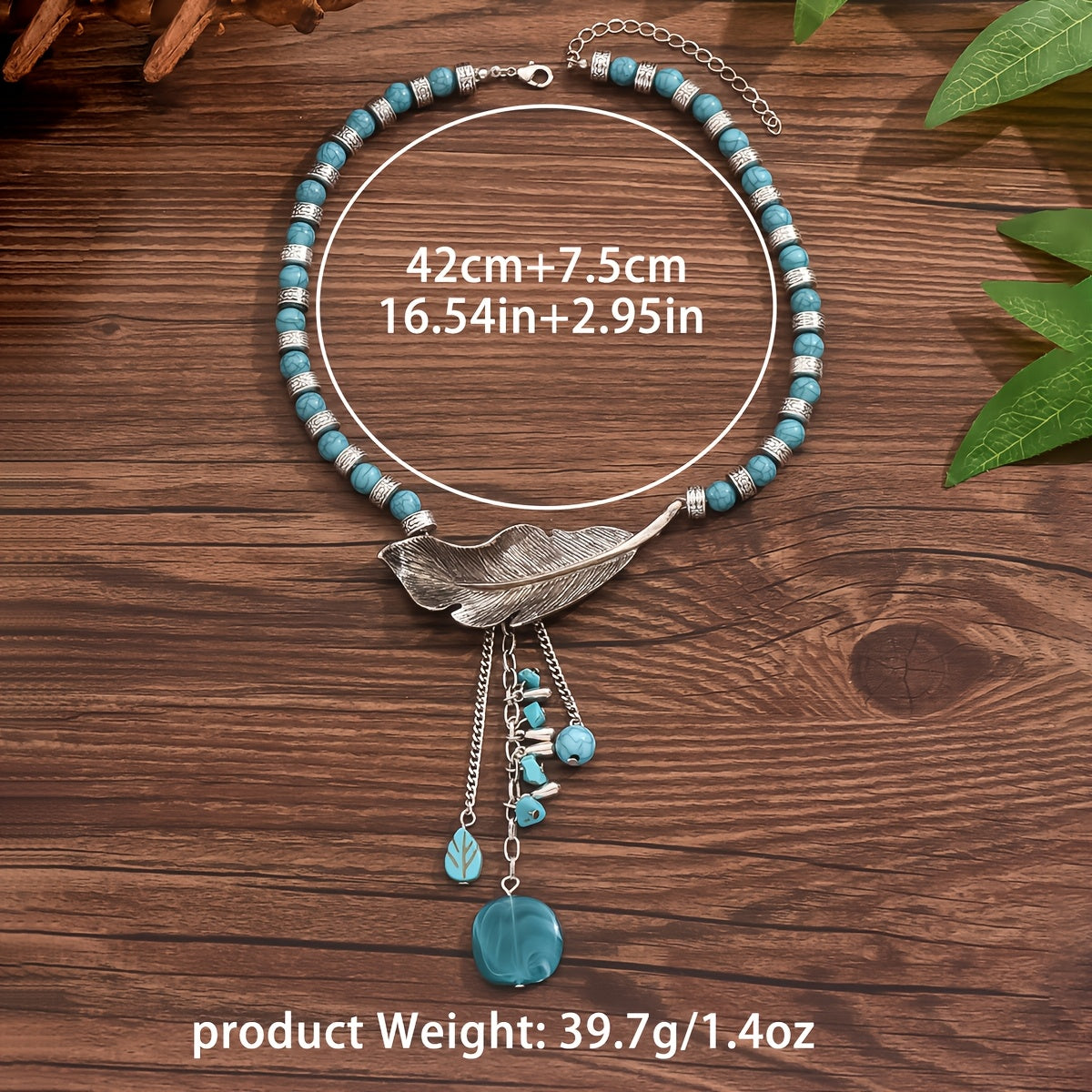 Vintage bohemien ketting met turkooizen kralen en bladhanger