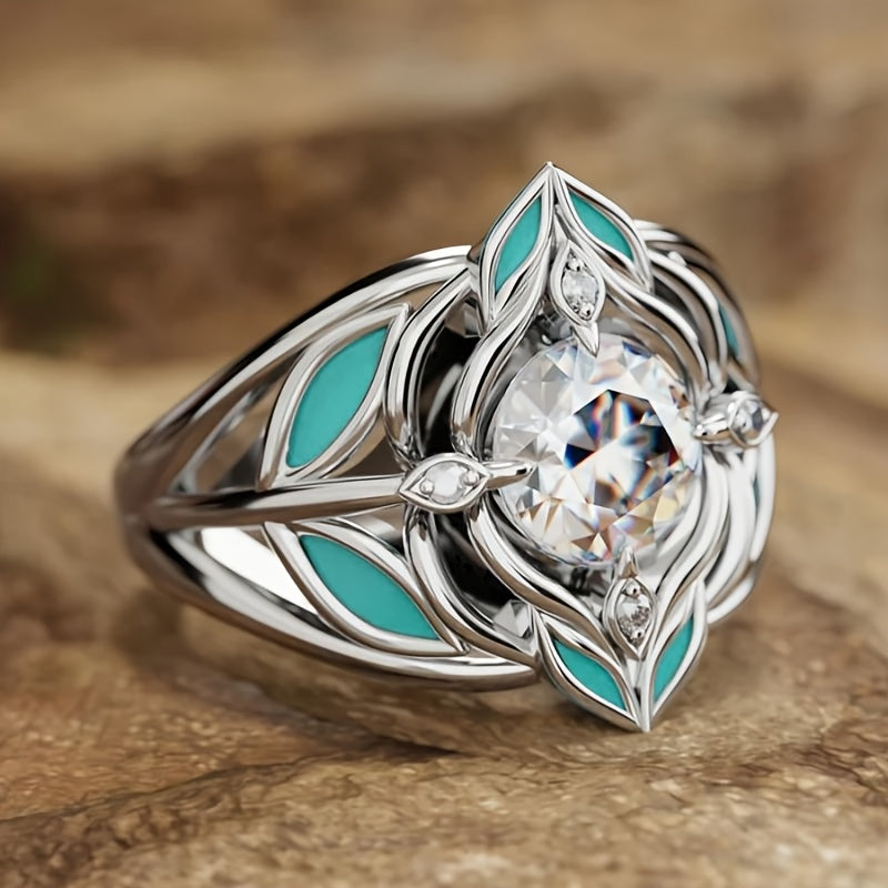 Elegante bohemien ring met turkooizen blad en zirkonia kristal