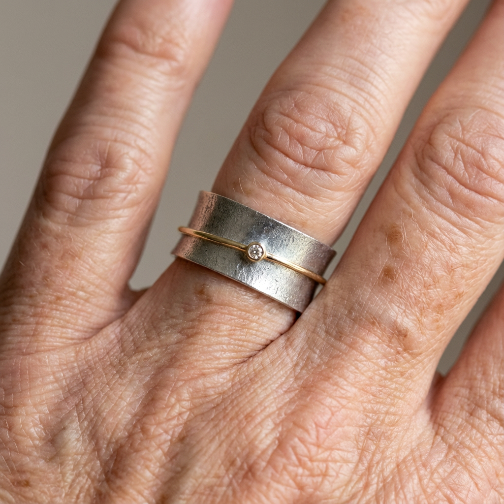Minimalistische zilverkleurige ring met goudkleurig diamantaccent