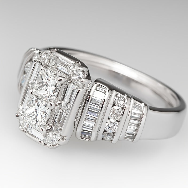 Elegante verzilverde ring met vierkante zirkonia in bruidsstijl