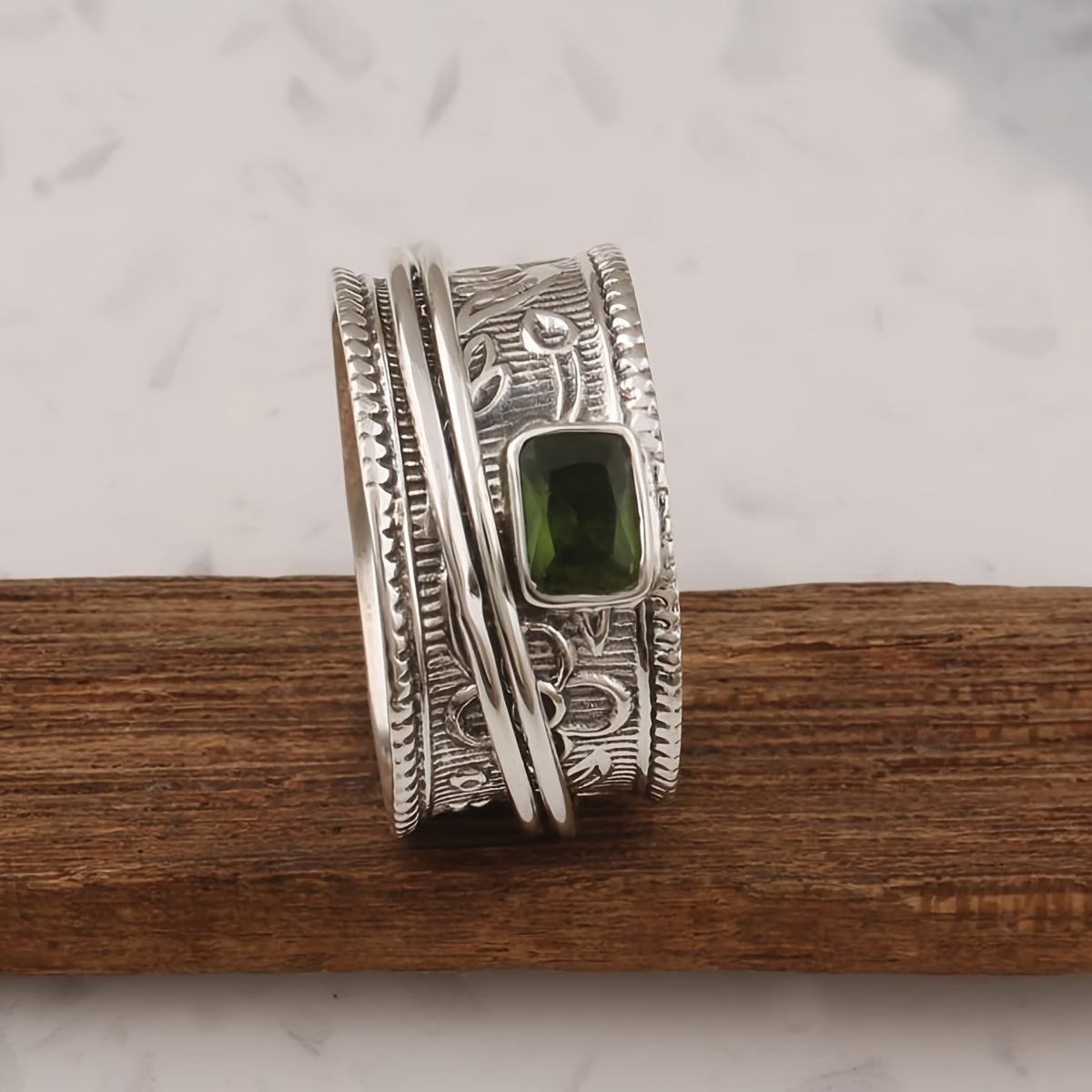 Vintage bohemien verzilverde brede ring met zirkonia