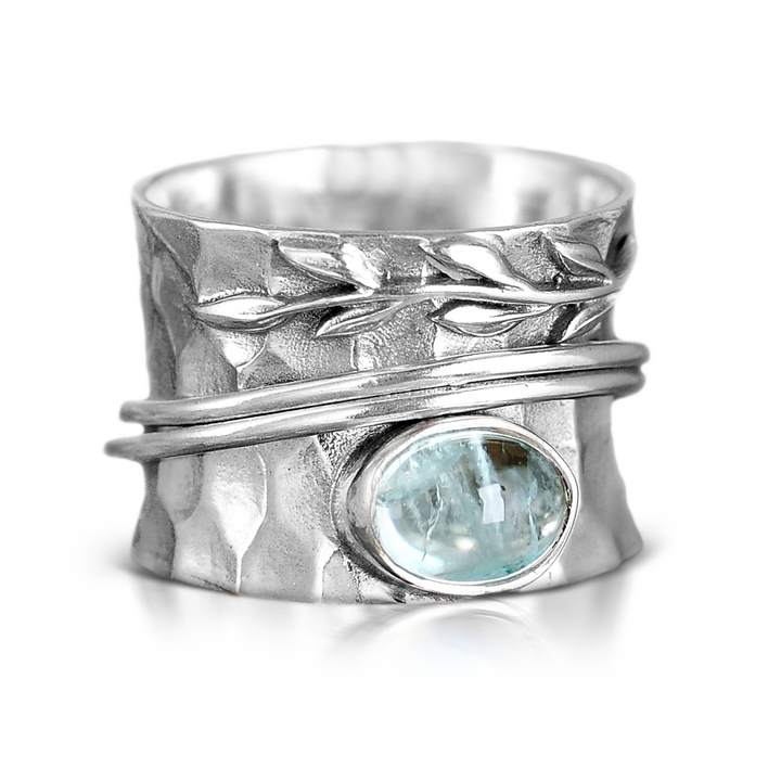Handcrafted Aquamarine Leaf Spinner Silver Ring