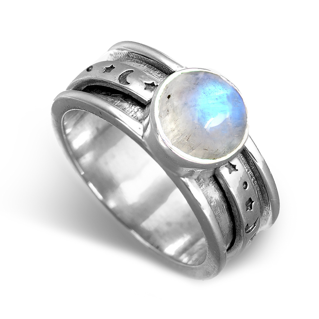 Celestial Stars Moon and Moonstone Fidget Silver Ring