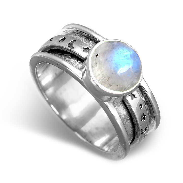 Celestial Stars Moon and Moonstone Fidget Silver Ring