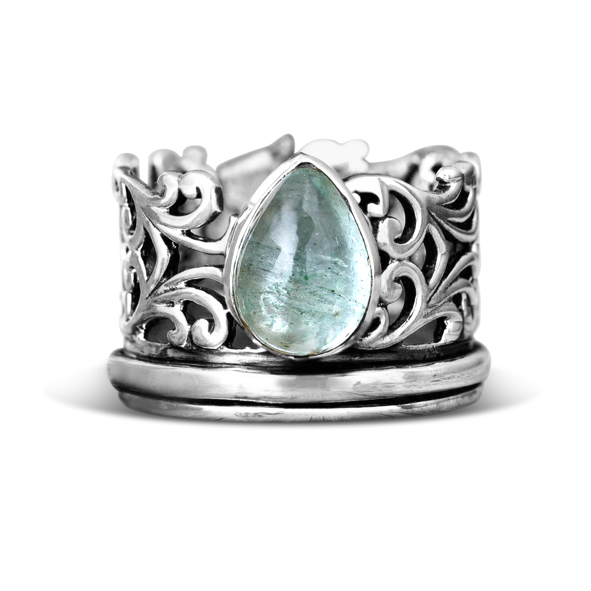 Elegante zilverkleurige fidget ring met druppelvormige aquamarijn
