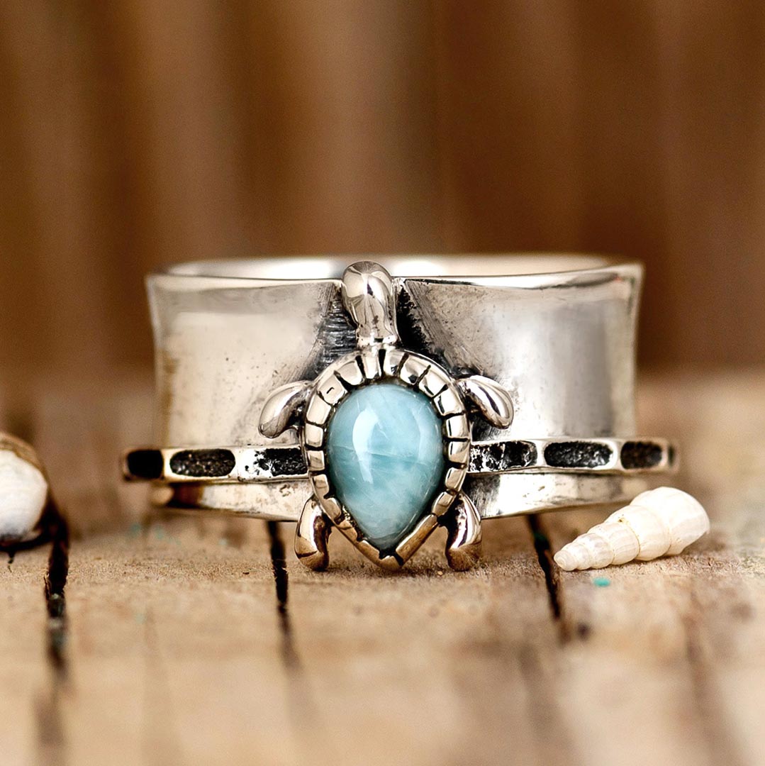 Elegante zilverkleurige statement fidget ring met schildpad en larimar