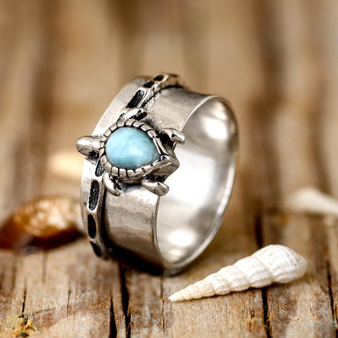 Elegante zilverkleurige statement fidget ring met schildpad en larimar