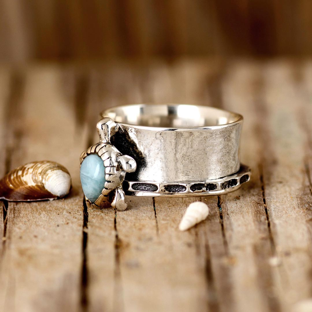 Elegante zilverkleurige statement fidget ring met schildpad en larimar