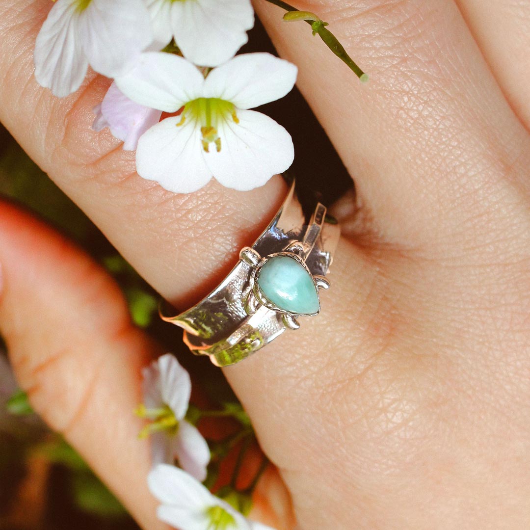 Elegant Turtle Larimar Silver Statement Fidget Ring