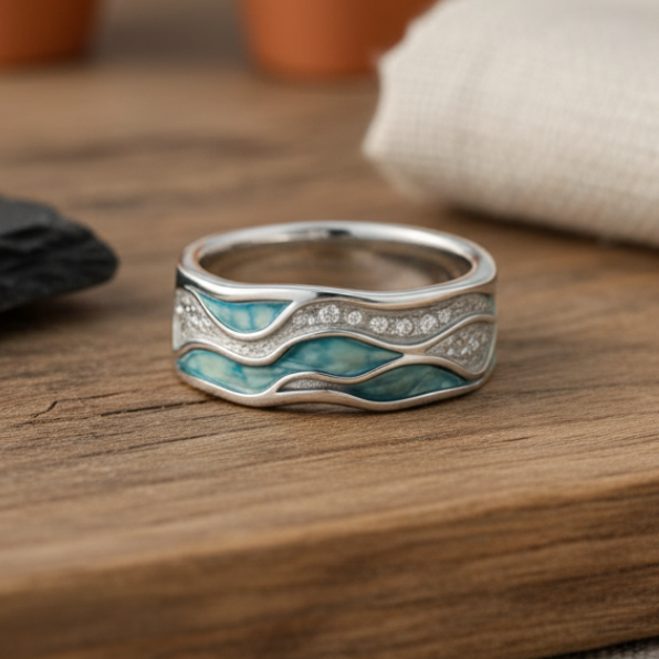 Elegante zilverkleurige golvenring met turkoois