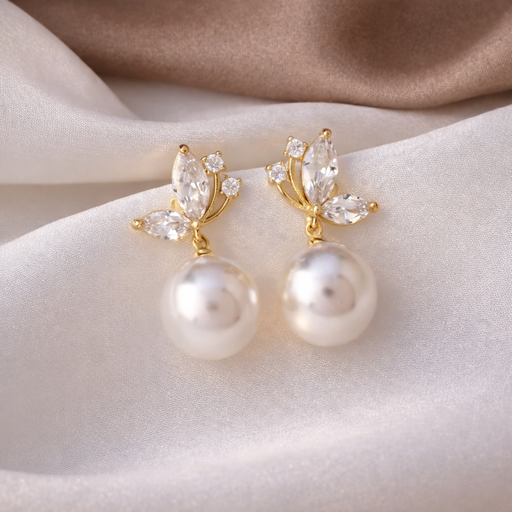 Vintage Zircon Crystal Pearl Earrings