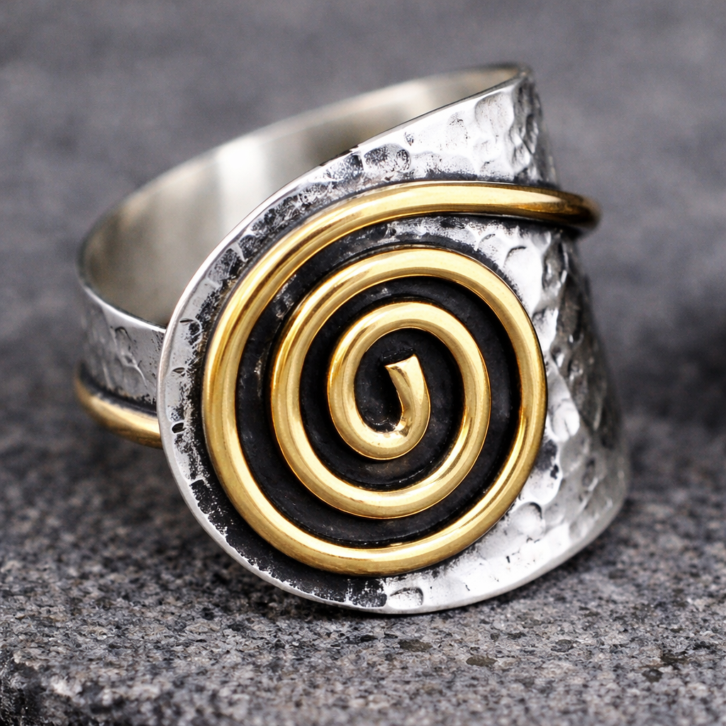 Bohemien metalen zilver- en goudkleurige swirl ronde brede open ring