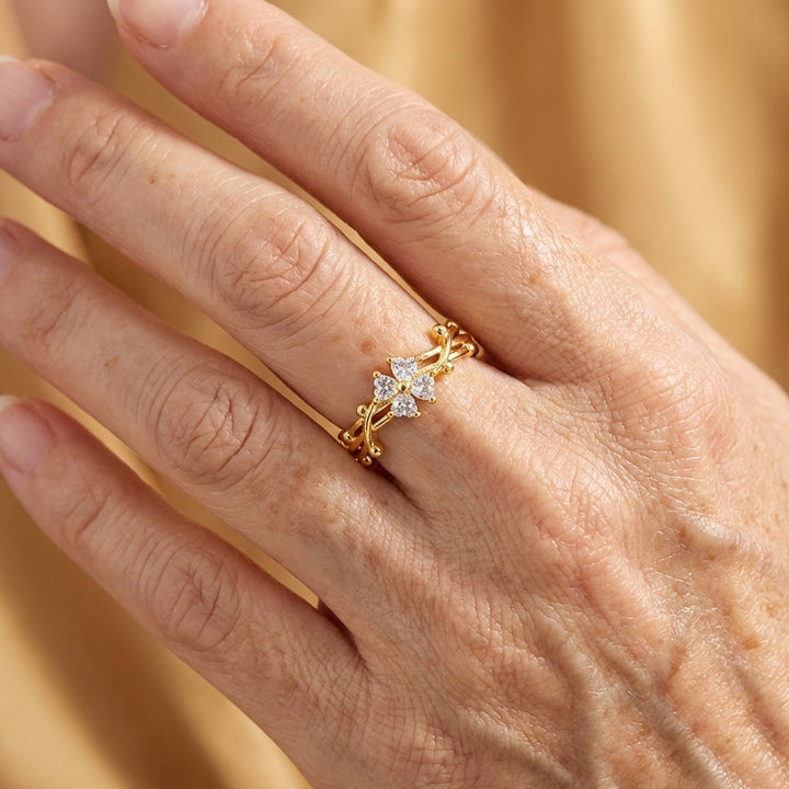 Elegant Adjustable Zirconia Flower Leaf Open Ring
