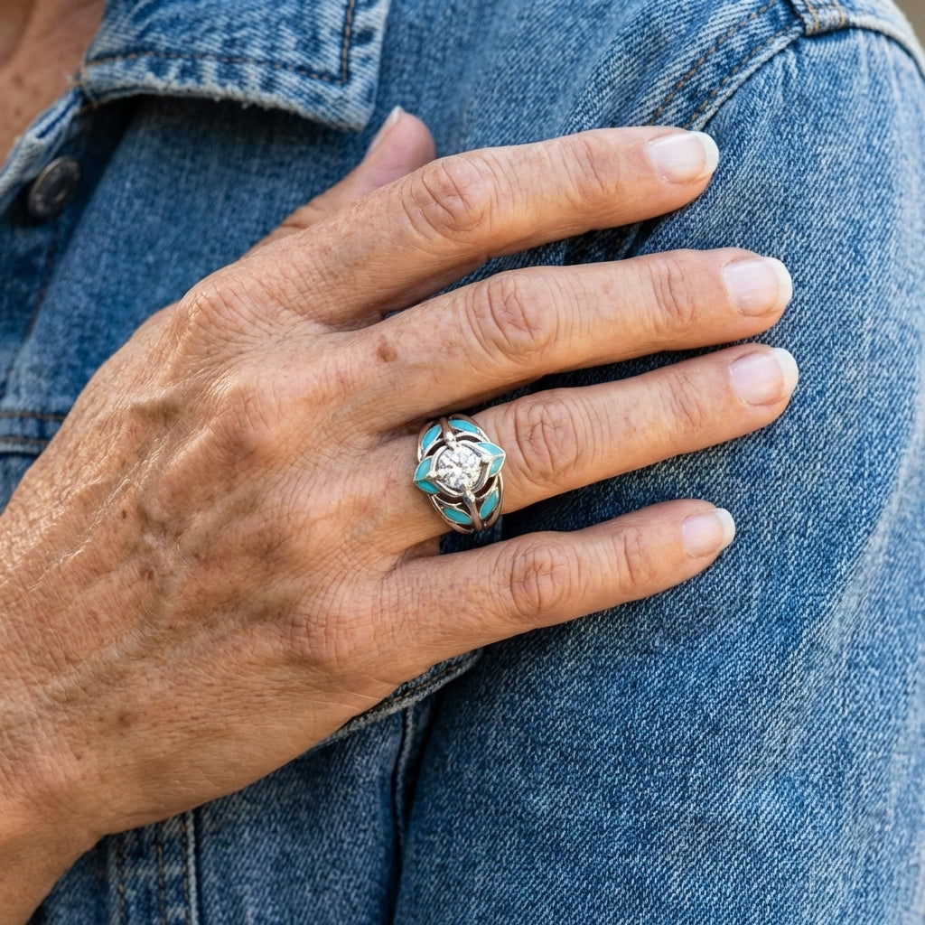 Elegante bohemien ring met turkooizen blad en zirkonia kristal